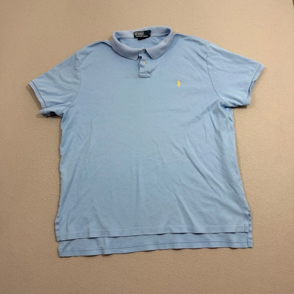 Vintage Polo Ralph Lauren Shirt Men XXL Blue Custom Fit Short Sleeve Yellow Pony